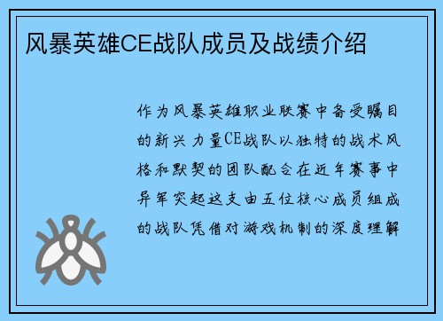 风暴英雄CE战队成员及战绩介绍